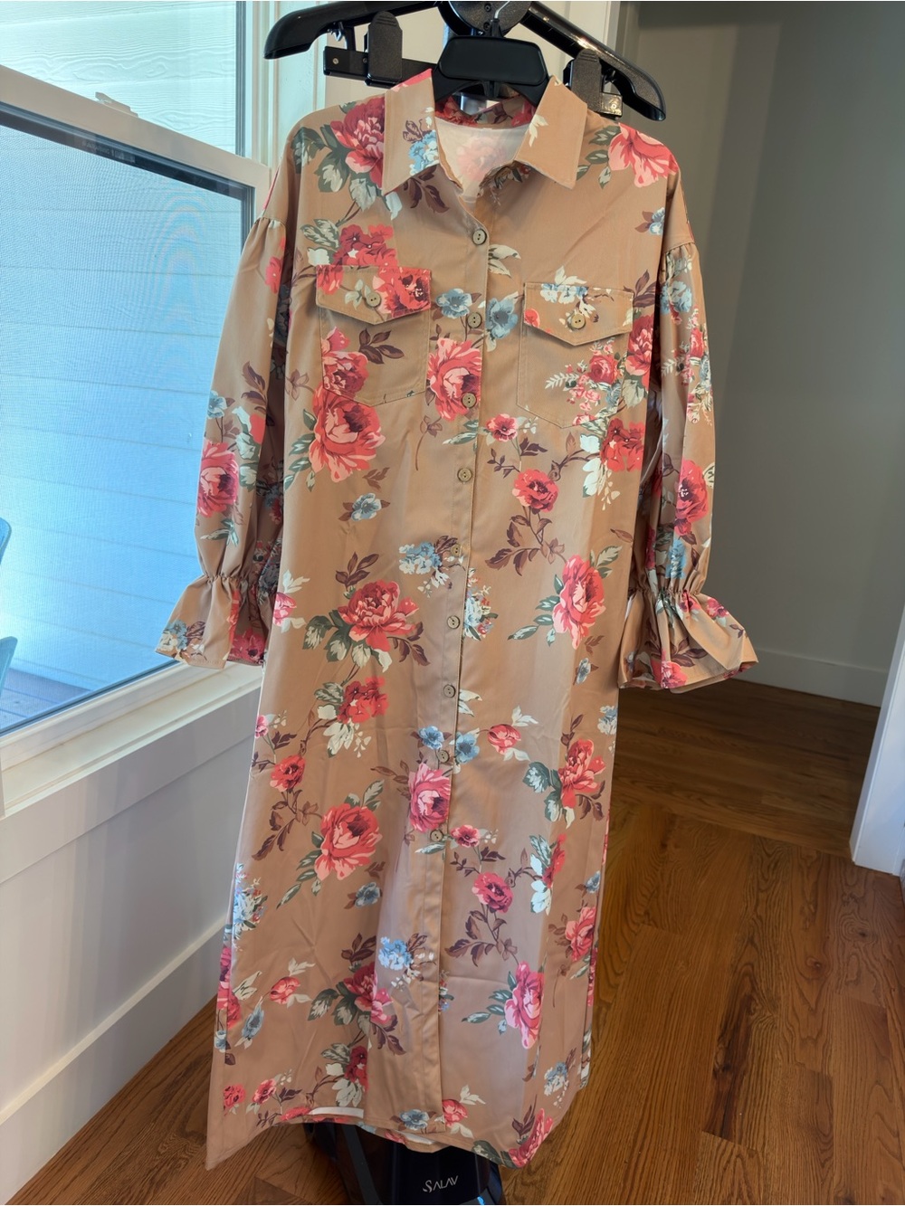 Floral Button-Front Shirt Dress in Tan with Pink Rose Print